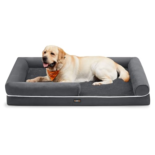 Feandrea Cama Ortopédica para Perros, Sofá, Cama para Mascotas, Acolchado Suave, Bordes Elevados, Funda Extraíble y Lavable, 135 x 107 x 25 cm, Antideslizante, Gris Osucro PGW079G01