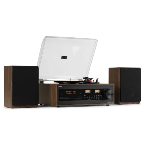 Audizio Boston Vinyl Record Player with CD DAB Radio Bluetooth HiFi System Turntable Speaker 3-Speed Home Stereo System USB AUX Remote Control - Black/Brown