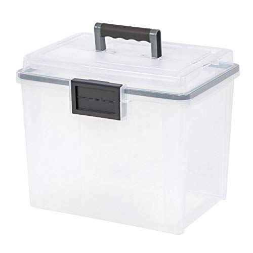 Image of IRIS USA WeatherPro Portable File Box Organizer, 19 Qt. 4-Pack, Clear | Store and transport letter size files, documents and records with weather resistant protection and secure latching