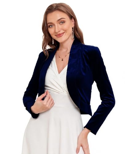 Image of Women's Long Sleeve Velvet Shrug for Dresses Cocktail Party Open Front Cropped Bolero Cardigan Top