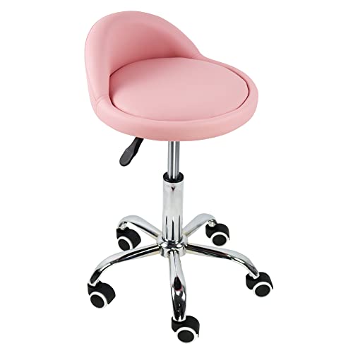 Kktoner Pu Leather Round Rolling Stool With Back Rest Height Adjustable Swivel Drafting Work Spa Task Chair With Wheels Pink #TOP6