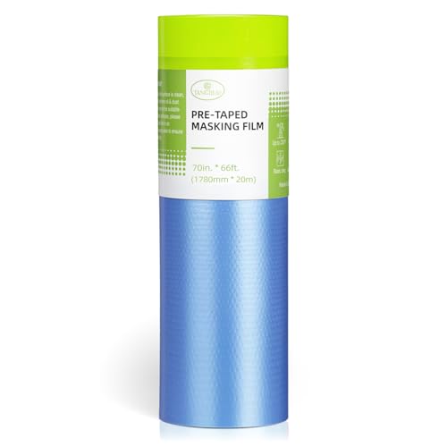 Tangibay Pre-Taped Masking Film for Painting - 70' x 66' Painters Plastic Sheeting for House & Automotive Paint, Tape and Drape for Covering Cars, Walls, Windows and Furniture Protection (1 Roll)