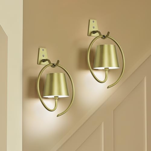 Image of 5200mAh Wireless Wall Light, Rechargeable Batttery Operated Wall Sconces Set of 2,3 Color Stepless Dimming Up, Wall Lamp for Battery Operated Lamp for Bedroom /Living Room /Hallway (Champagne)