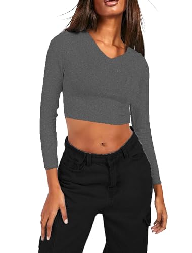 Image of THE BLAZZE Women's Cotton Solid Stretchable Deep V Neck Full Sleeve Regular Fit Stylish Crop Top T-Shirt for Women L528