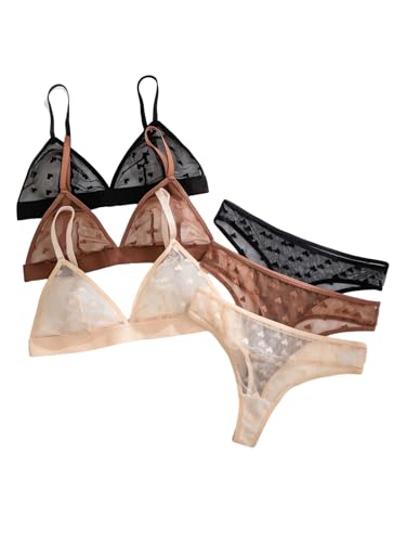 BEAUDRM Women's 3 Pack Floral Print Mesh Lingerie Set Wireless Low Rise Sheer Matching Bra and Panty Set Beige Black Brown Medium