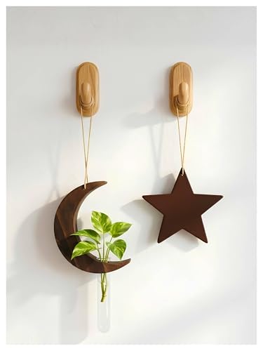 Image of Bombay Greens Hanging Moon Star Planter with Wooden Holder & Rope | Test Tube Hanging Planter Indoor Stand | Wooden Hanging Home Decor, Living Room, Balcony & Office