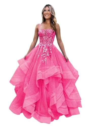 Sparkly Tulle Hot Pink Prom Dress for Women Teens 2026 Long Ball Gown Lace Ruffles A Line Tiered...