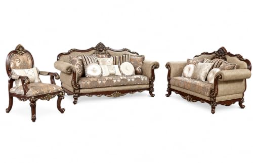 Madelyn 3-Piece Traditional Regal Living Room Set – 94" Sofa, 78" Loveseat & 30" Arm Chair, Ornate Carved Wood Frame, Jacquard & Chenille Fabric, Hazelnut Fabric with Cherry & Gold Wood Frame