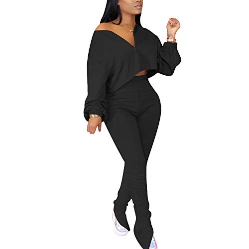 Women's Sexy 2 Piece Tracksuit Outfit Long Sleeve 1/4 Zip Up Crop Tops Skinny Long Stacked Pants Sweatsuit Set Black 2Xl #TOP18