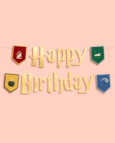 xo, Fetti Wizard Happy Birthday Banner - Gold Foil, 6.5 Ft. | Bday Garland, Kids Party Decoration, Magic Theme Sign, Photoshoot Backdrop