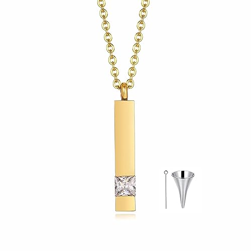 10K Gold Birthstone Urn Necklace for Ashes, 10K/14K/18K Real Gold Personalized Vertical Cremation Necklace Jewelry for Women Keepsake Necklace Memorial Locket Ash Holder