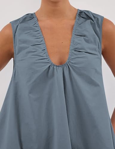 Image of Women Summer Sleeveless Babydoll Mini Dress Scoop Neck Loose Fit Tank Dresses Party Ruched Short Dress with Pockets