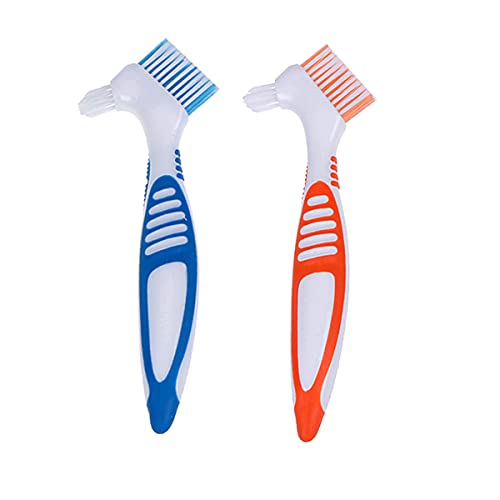 Denture Cleaner Box And Brush Set - 2 Pack Denture Bath Case With Basket + 2 Pack Denture Brush, Portable Denture Retainer Storage Box, False Teeth Brushes For Oral Care (Blue And Red) #TOP2