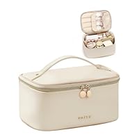 Prite Large Makeup Bag for Women Travel Cosmetic Case Waterproof PU Leather Toiletry Bag Portable Make Up Organiser with Handle and Removable Divider (Beige)