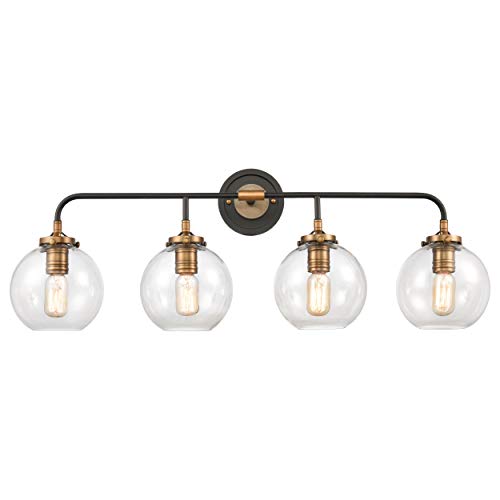 WILDSOUL 40044ABCL Modern Farmhouse 4-Light Globe Shade Bathroom Vanity Light Fixtures, Clear Glass Wall Sconce Bath Mirror Lighting, Oak Wood and Brass Parts, Matte Black and Brass Finish, 36" Width