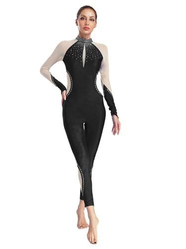 Fldy Maillot de cuerpo completo para mujer, manga larga, con purpurina, para gimnasia, traje de baile, con bloque de colores, ropa de ballet, Negro , S