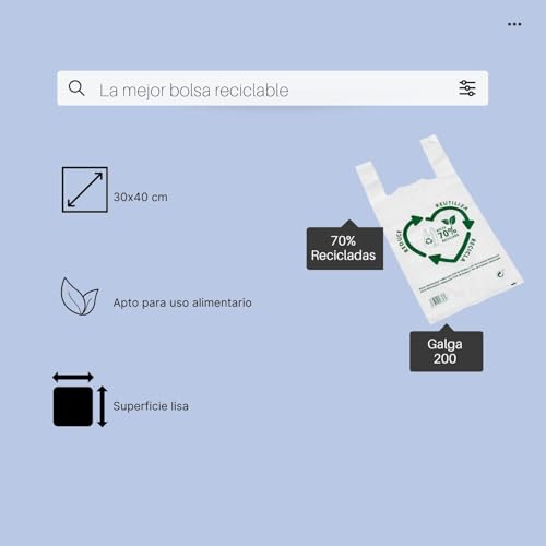 RASMACOR | Pack 100 Bolsas de Plástico Tipo Camiseta 70% Reciclado | Tamaño M 30x40 cm | Aptas Uso Alimentario, Resistentes, Reutilizables | Galga 200 | 50 Micras | Cumple todas las normativas