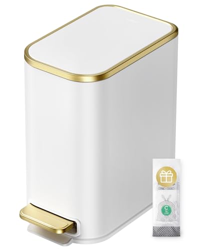 Cubo de basura de 5L con pedal en blanco y oro para baño y aseo pequeño