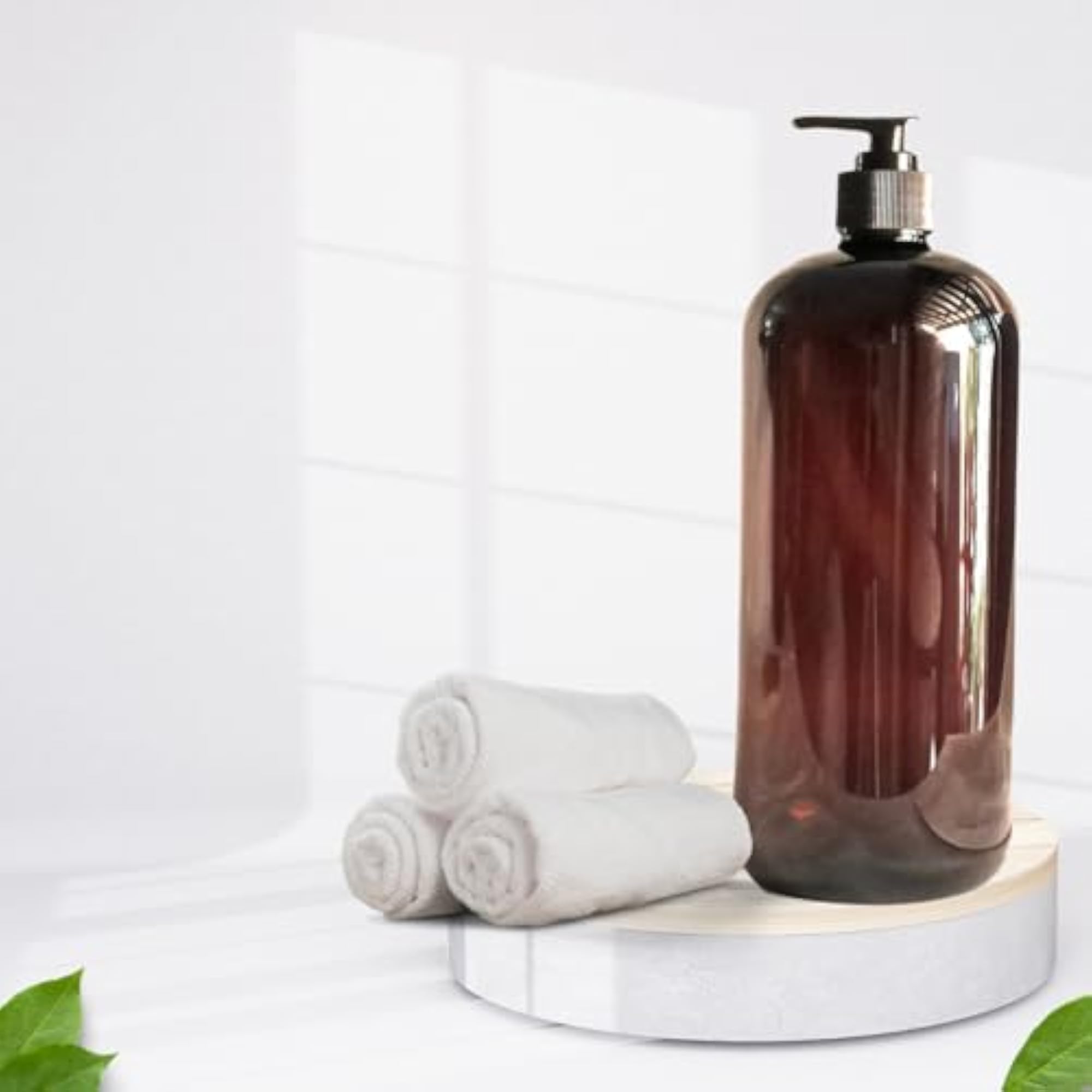 32 oz Amber Plastic PET Plastic Bottle with Black Hand Lotion Pump