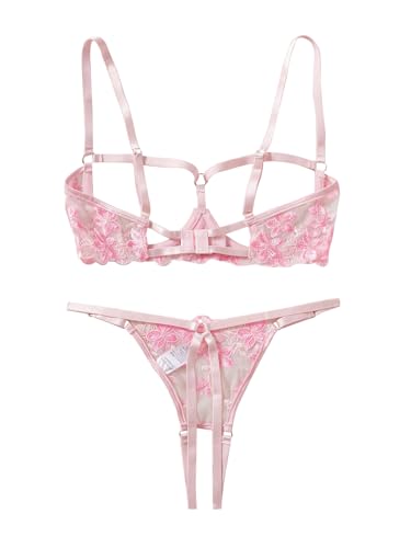 Image of Lilosy Women's Sexy Underwire Floral Lace Sheer Lingerie Set See Through Bra and Panty 2 Piece Flower Pink Small