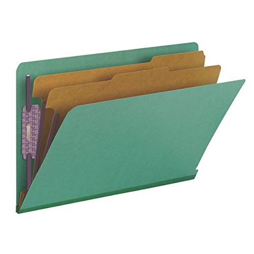 Smead 100% Recycled End Tab Pressboard Classification File Folder with SafeSHIELD Fasteners, 2 Dividers, 2" Expansion, Legal Size, Green, 10 per Box (29785)