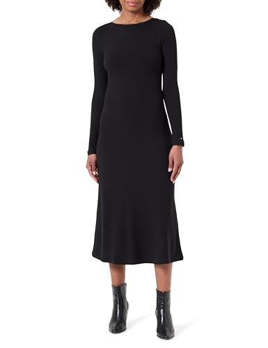 Tommy Hilfiger Damen Bodycon Kleid Rib Flare Midi mit U-Boot-Ausschnitt, Schwarz (Black), L
