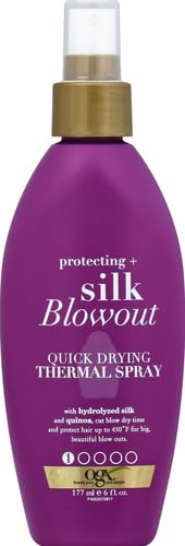 Image of OGX Protecting + Silk Blowout Quick Drying Thermal Protection Spray,Heat Protectant Spray Shields Hair up to 450F For Soft,Shiny Hair and Big,Beautiful Blowouts,Light Hold,6 fl. oz,(Pack of 2)