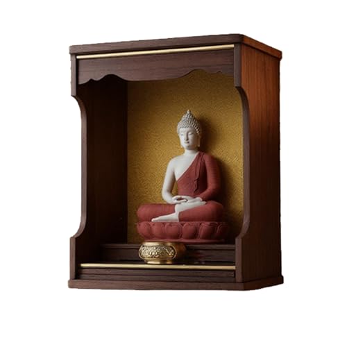 Altar de santuario de madera, mesa de meditación montada en la pared, gabinete Pooja estilo chino con soporte retráctil para servir templos y hogares, 29 x 27 x 42 cm