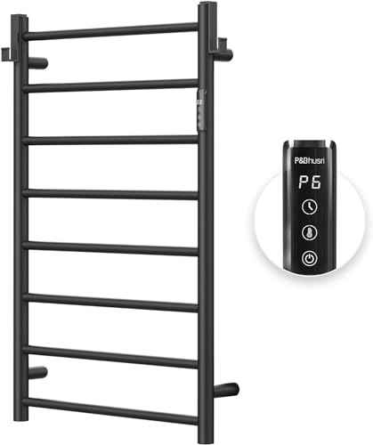 P&Bhusri Heated Towel Rack for Bathroom,Wall Mounted Electric Towel Rack with Timer and LED Indicator, 8-Bar Towel Warmer, Stainless Steel Matte Black, Hard-Wired/Plug-in