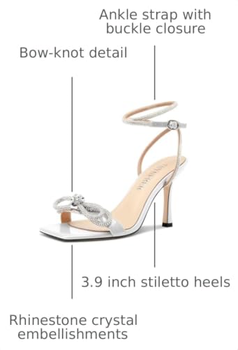 Image of TNYNFBEB Womens Stiletto High Heel Open Square Toe Sandals Ankle Strap Two-Piece Buckle Rhinestone Crystal Bow-knot Prom Dress Summer 3.5 Inches Heels