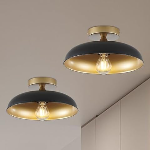 MIAYBPH Flush Mount Ceiling Light Fixture, 2PCS Kitchen Lighting Fixtures Ceiling with Black and Gold Finish, Farmhouse Industrial Semi Flush Light for Bedroom Hallway (E26 Bulb Not Included) Cover