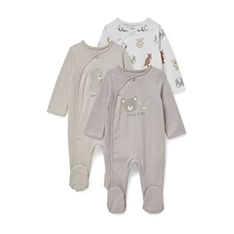 C&A Baby Unisex Pyjamas Onesie 3er Pack|Multipack Regular Fit Streifen|Bedruckt|Motivprint beige-Melange 68 Cover