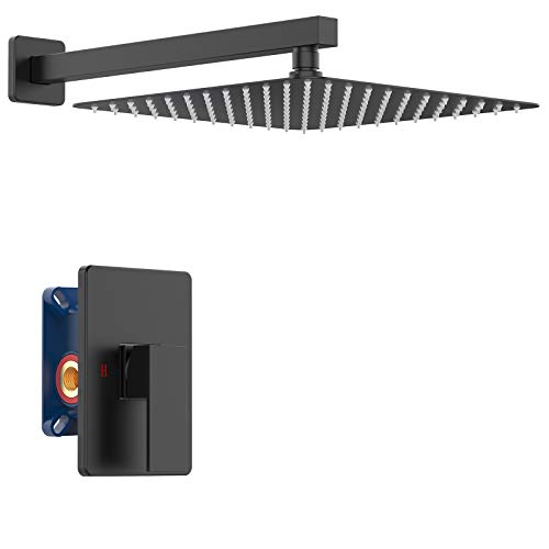 IRIBER Single Function Shower Trim Kit with Rough-in Valve, Bathroom Shower System Faucet Set with 10 Inch Rainfall Square Stainless Steel Metal Showerhead, Matte Black