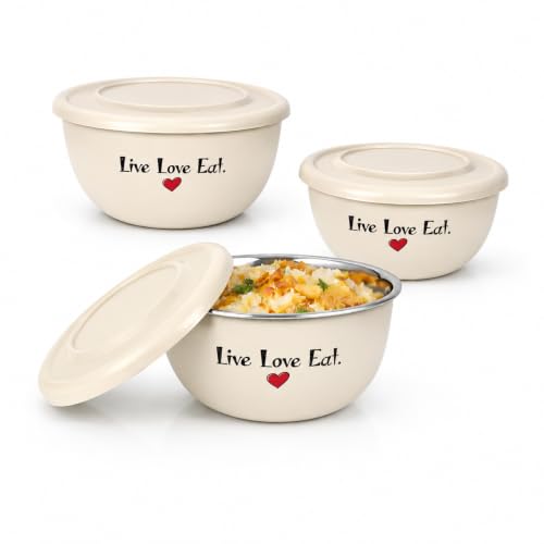 Image of Microwave Safe Stainless Steel Mixing Bowl Set with Lids - Set of 3 (500ml, 750ml, 1250ml) - Euro Style Food Storage Containers - (Classic LLE)