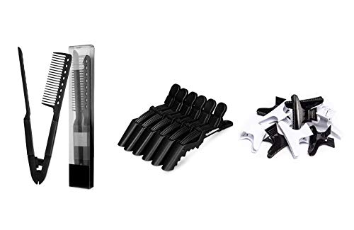 Straightening Comb For Hair | Flat Iron Comb For Great Tresses | Hair Straightener Comb With A Firm Grip (Including 6 pcs Alligator Hair Clips & 12 pcs Large Butterfly Hair Clamps for Sectioning Hair)
