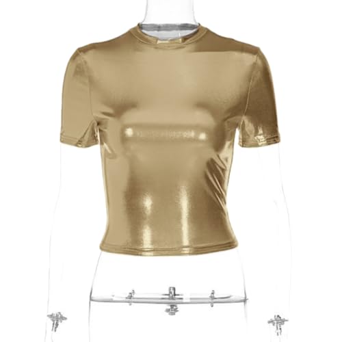 Image of Women's Shiny Metallic Short Sleeve T Shirt Sexy Mock Neck Slim Crop Top Party Disco Club Tees