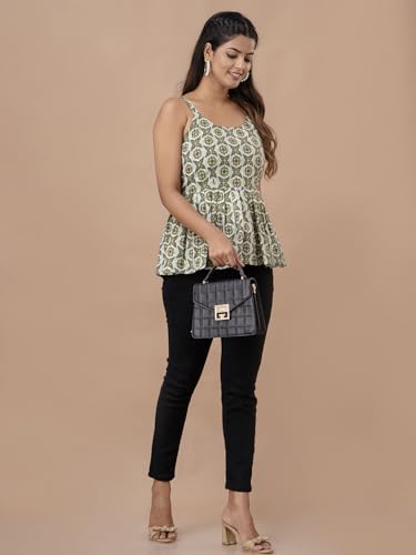 Image of feranoid Women Cotton Printed Sleeveless Strap Peplum Top
