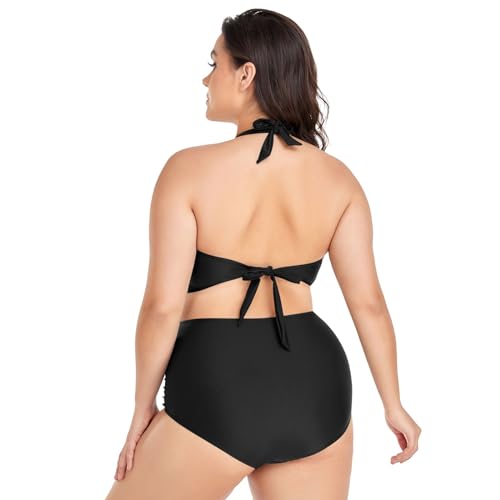 CHIFIGNO Maillot de bain deux pièces pour femme - Taille haute - Col en V - Ruché, noir, 4XL plus – vue 4