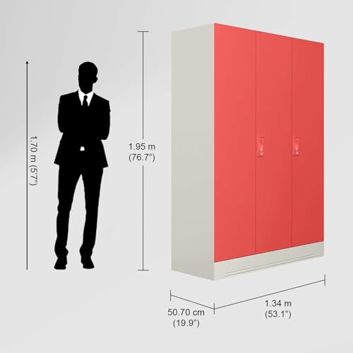 Image of Interio by Godrej Almirah Slimline 3-Door Steel Almirah, Cupboard for Clothes (Alpine White and Hot Coral Matte), 1-Year Warranty, 7 Shelves, 1 Locker