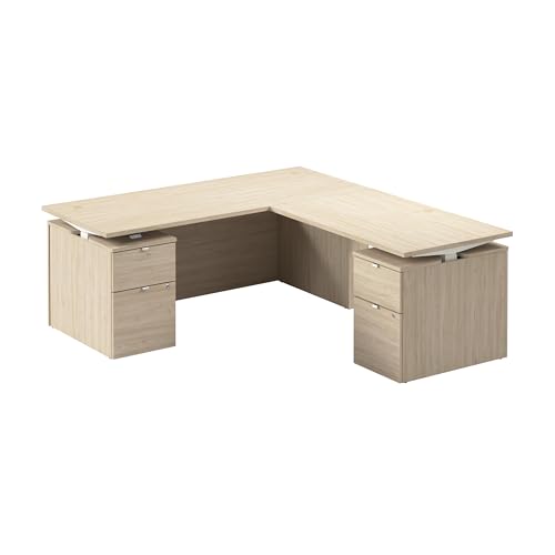 Image of Bush Business Furniture 72-inch Height Adjustable L Shaped Standing Desk with Drawers, Ergonomic Sit-Stand Computer Table for Office, Stratus Collection, Natural Elm with White Base
