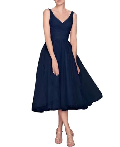 Tea Length A-Line V Neck Formal Evening Party Gowns for Women Sleeveless Puffy Midi Tulle Cocktail Prom Dress