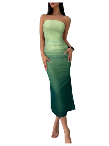 Image of GORGLITTER Women's Sunset Ombre Strapless Cocktail Bridal Shower Midi Dress | Orange Wedding Guest Dress, Mesh Tube Dress, Bridesmaid Dresses, Vacation Beach Sundresses,