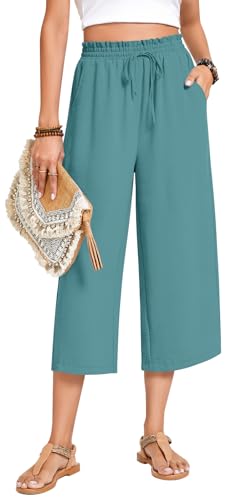 Image of Anyhold Women's Capri Pants Drawstring Casual Palazzo Trousers with Pockets Loose High Waisted Wide Leg Lounge Pants