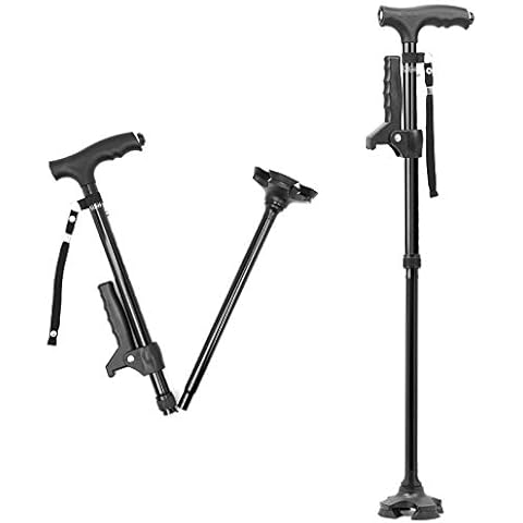 SUEH DESIGN Folding Walking Stick with LED Light for Men and Women, 11 Heights Adjustable, Collapsible Elderly Walking Cane with Side Handle, Black Cover