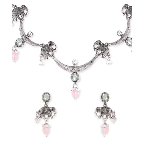 Rubans Oxidised Silver-Plated Handcrafted Stone Studded Necklace Set For Women and Girls – Perfect for Weddings and Special Occasions