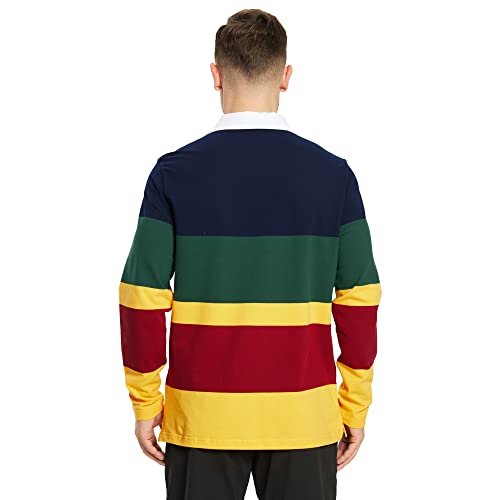 Men's Long Sleeve Polo Shirt Casual Collared Striped Pique Polo Shirts Soft Cotton Dry Fit Golf Polo Shirts For Men Navy Yellow #TOP2