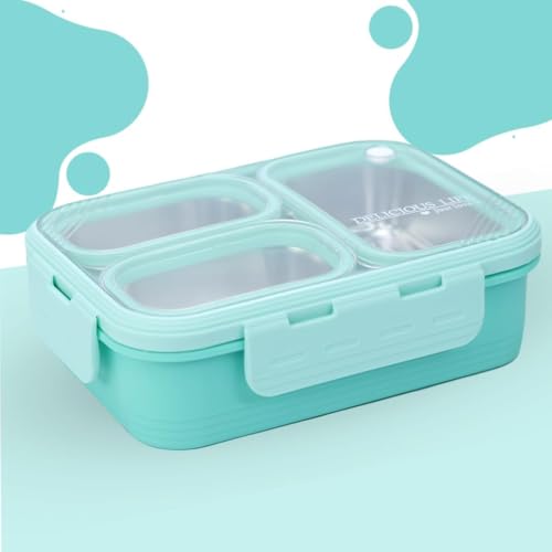 Image of Stainless Steel Lunch Box | 3-Compartment Leakproof & BPA-Free Bento Box | Insulated with Detachable Inner Containers & 4-Sided Lock | Ideal for Office, School, College & Travel | Mint Green