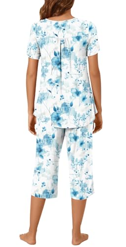 Image of Womens Summer Pajama Sets 2 Piece Short Sleeve Top and Capri Pants Plus Size Ladies Lounge Pjs Sets with Pockets