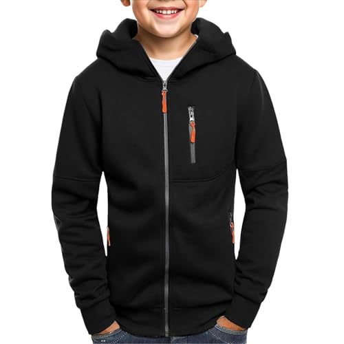 TYUSGH Sweat à capuche zippé pour garçons - Couleur unie - Avec poches - Veste de sport décontractée pour l'école - Vêtement de sport de printemps, Noir...