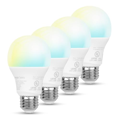 Amazon Basics Smart Indoor LED Light Bulb, Sunset-to-Midnight Activated, Works with Alexa Only, Tunable White, 7.5 W, 4-Pack